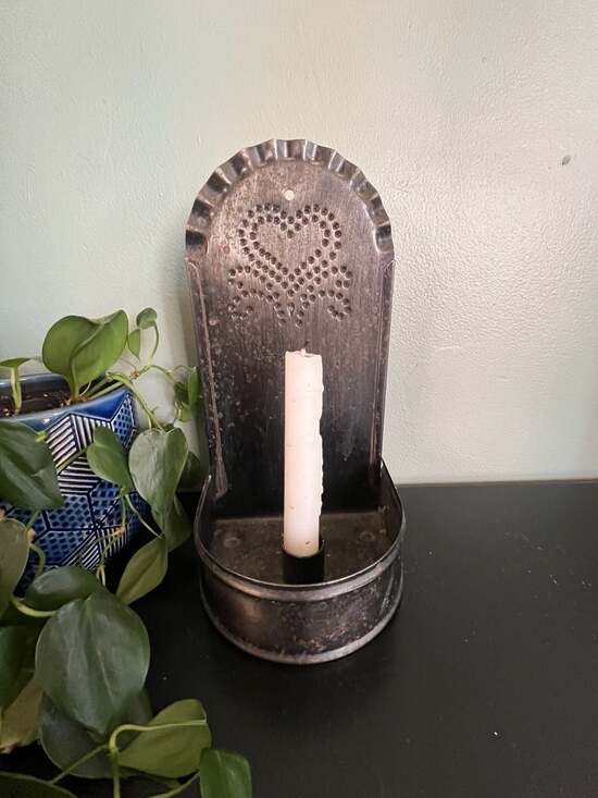 Unbranded Other - Primitive Punched Tin Heart Wall Sconce Candle Holder